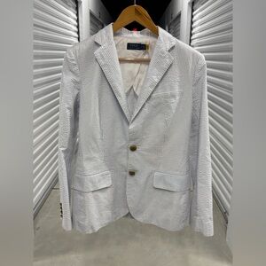 Polo by Ralph Lauren Women’s White and Blue Seersucker Striped Blazer